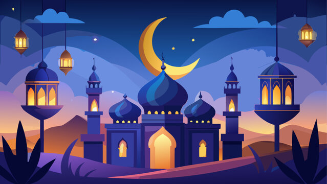 Illustration of a mosque with crescent moon and lanterns at night in a beautiful landscape design