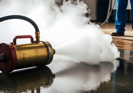 Portable fog machine emitting thick white vapor onto a dark floor