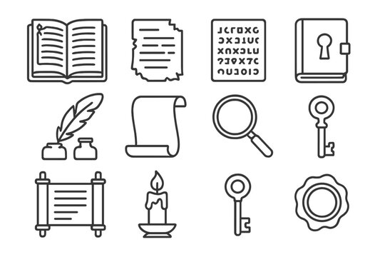 Secret Chronicles Icons. Line style icons of Secret Chronicles: Illuminated Manuscript, Torn Pages, Ciphered Text, Concealed