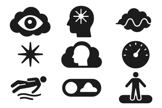 Lucid Dreaming Icons. Solid style icons of lucidity enhancement: open eye in dream cloud, clear mind symbol, lucid sleep wave.