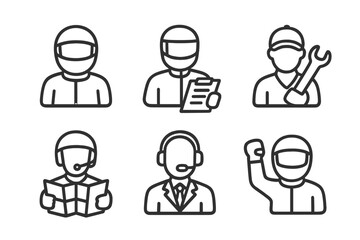 Fototapeta premium Rally Team Icons. Line style icons of rally team roles: driver icon, co-driver with notes, mechanic with wrench, navigator with