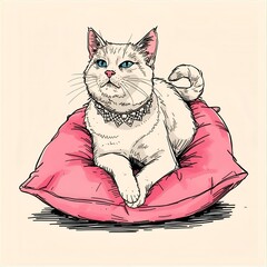 Regal White Cat with Blue Eyes on a Pink Pillow - Digital Illustration