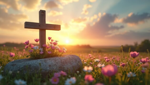 Wooden cross stands in field of blooming flowers at sunrise. Gentle sun rays illuminate tranquil scene. Represents hope, renewal, and religious faith during Easter.