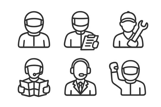 Rally Team Icons. Line style icons of rally team roles: driver icon, co-driver with notes, mechanic with wrench, navigator with