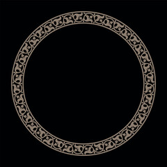 Vector round frame with arabesques and floral elements. Round, border, Ancient Greece, Eastern Roman Empire frame. Decoration of the Russian Orthodox Church. For laser, plate, engraving