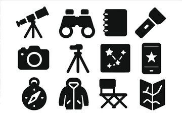 Amateur Astronomy Essentials. Solid style icons of Amateur Astronomy: Telescope, Binoculars, Notebook, Red Flashlight, Camera,