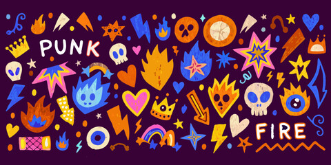 A vibrant collection of punk and fire themed doodles on a dark purple background