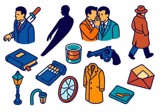Noir Betrayal Icons. Isometric vector illustration set Noir Betrayal: symbolic backstab, elongated shadow figure, whisper in ear,