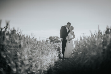 Bride and groom embrace in a romantic moment surrounded by tall grass, capturing the essence of love and connection in a serene outdoor setting