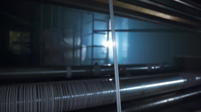 A lone textile thread stretches upward in front of reflective metal rollers while bright backlight fills the weaving machine area, creating a cool industrial atmosphere and soft gleam