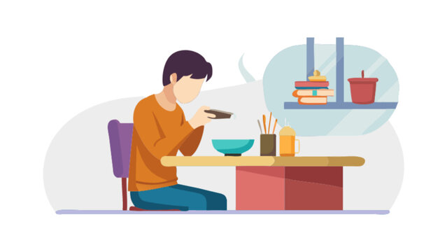 Illustration of person taking photo of food at table with books and drink on shelf in background
