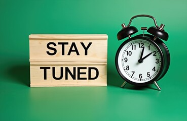 Alarm clock sits next to wooden blocks spelling stay tuned. Announcement or reminder graphic element for upcoming events or broadcasts. Notification message on green backdrop.