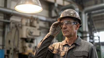 Male industrial worker wearing safety glasses and helmet, inspecting machinery in a factory, showcasing dedication to safety and craftsmanship in a professional environment