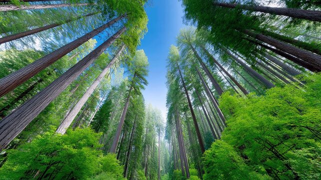 Low-angle view of tall trees in a forest, with a clear blue sky visible. The scene is filled with lush green foliage and sunlight. - Powered by Adobe