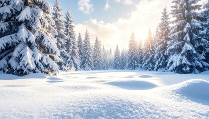 Obraz premium Snowy forest scene with snow-covered pine trees under bright sun