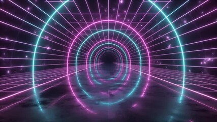 Endless retro cyberpunk grid tunnel glowing magenta cyan lines flowing forward in infinite motion - Powered by Adobe