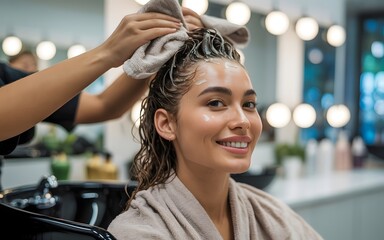 Smiling woman enjoying hair treatment, salon service, professional stylist, luxurious pampering, beauty care, healthy hair, happy client, self-care routine, wellness, modern beauty experience