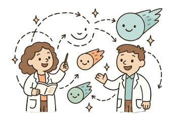 Cheerful Comet Discovery. Cute doodle determining comet origin with cheerful scientists, cartoon comets with faces, smiling