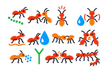 Obraz premium Ant Communication Icons. Flat vector icons of ant communication methods: pheromone trail, antennal touch, alarm signal, food