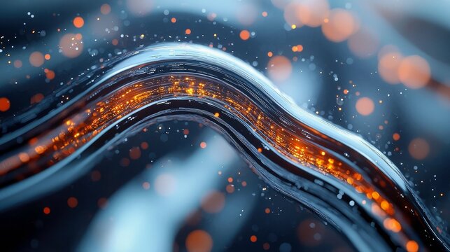 An abstract digital art image featuring wavy lines with glowing orange particles, set against a dark blue background.