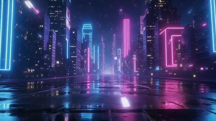 Futuristic neon skyline city glowing towers reflecting on wet streets with dynamic cyberpunk movement - Powered by Adobe
