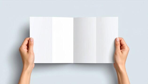 Hands holding blank brochure, clean and simple a4 z, fold mock, up design