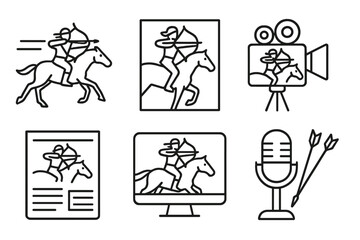 Mounted Archery Icons. Line style icons of mounted archery in media: photo finish image, dramatic shot magazine, film camera with