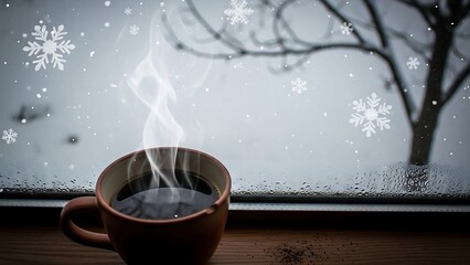 Cozy Winter Scene - Hot Drink by Snowy Window.