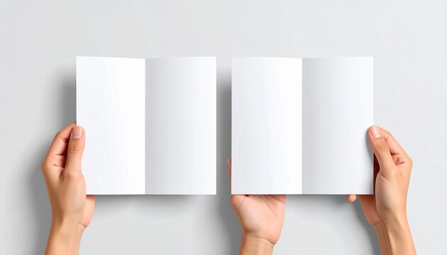 Hands holding blank brochure, clean and simple a4 z, fold mock, up design