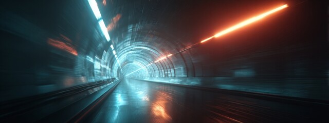 Futuristic Sci-Fi Tunnel with Dramatic Light Streaks and Volumetric Glow in Cyberpunk Atmosphere