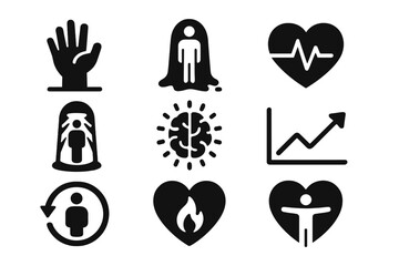 Future Revival Icons. Solid style icons of future revival hopes: reanimation hand icon, thawed awakening silhouette, restart pulse