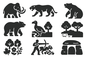 Obraz premium Prehistoric Icons. Solid style icons of Prehistoric life: woolly mammoth, saber-tooth tiger, giant sloth, cave bear, prehistoric
