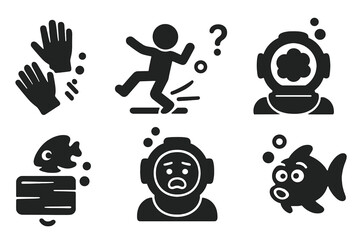Comedic Underwater Icons. Solid style icons of comedic underwater bloopers: gloves floating away, pawn slipping icon, confused