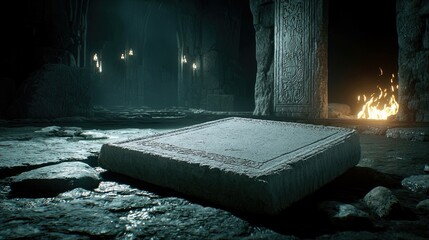 A stone slab rests in a dark, ancient cave. A fire burns in the background, casting a dim light on the scene.