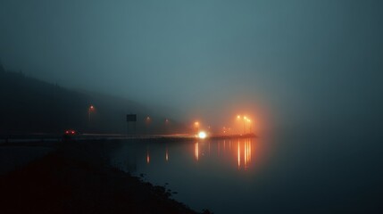 Foggy Landscape with Diffuse Glow of Streetlights Reflected in Calm Water Beneath a Gradient Sky at Dawn