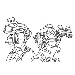 vector line art illustration of Tactical Operators in Gear and tactical helmet