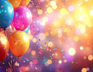 Festive balloons with confetti against a blurry bokeh background, celebration vibe