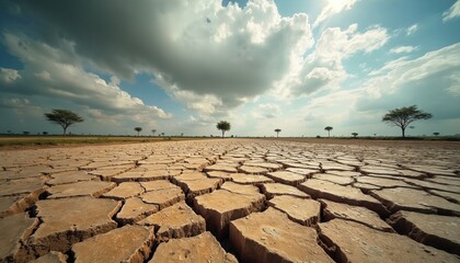 Dry cracked earth covers barren field during severe drought. Parched ground stretches across arid landscape with savanna trees under cloudy sky. Panorama illustrates climate change, water scarcity.