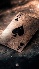 Close-up of an Ace of Spades playing card resting on a textured surface, with dramatic lighting and a vintage aesthetic.