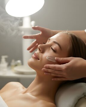 Young woman enjoying professional spa facial treatment, hands applying nourishing cream for healthy, glowing skin, relaxation, beauty, wellness, close-up, serene mood.