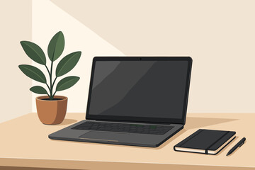 Minimalist Workspace Elegance. Minimalist workspace with a sleek laptop, potted plant, and clean desk, illuminated by soft natural