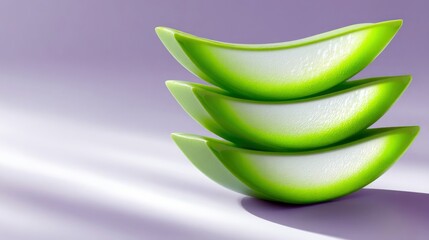 Close-up of three aloe vera slices stacked on top of each other, set against a soft purple background. The image is lit with soft lighting.