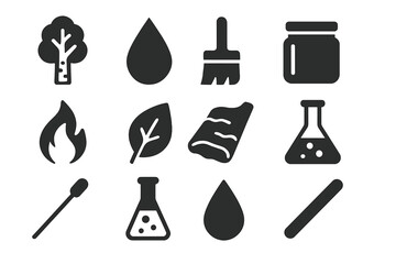 Birch Tar Icons. Solid style icons of birch tar and natural resins: birch tree, tar drop, brush, jar, fire flame, leaf, bark piece
