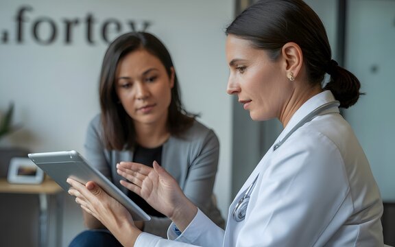 Female doctor explaining health data on tablet to attentive patient, medical consultation, digital healthcare, professional support, modern clinic, diverse, caring interaction.