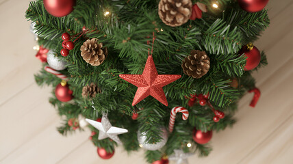 Celebrate festive holiday cheer with a beautifully decorated Christmas tree featuring red ornaments, pinecones, and candy canes for a warm, inviting atmosphere