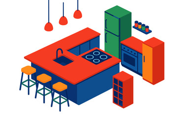 Obraz premium Vibrant Kitchen Isometric. Isometric vector illustration set Interior layout – open-plan kitchen island, bar stools, pendant