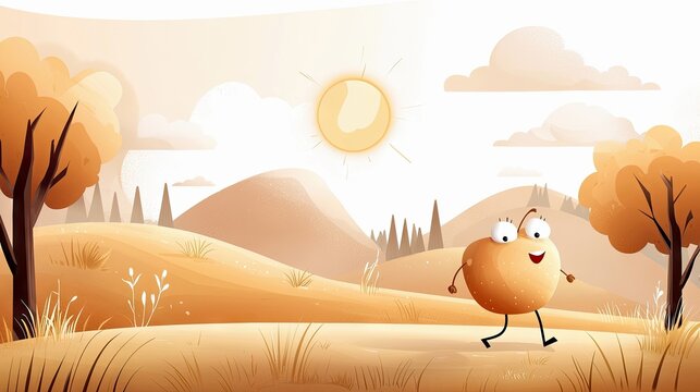 An animated apple character walks through a sunny landscape with hills, trees, and clouds.