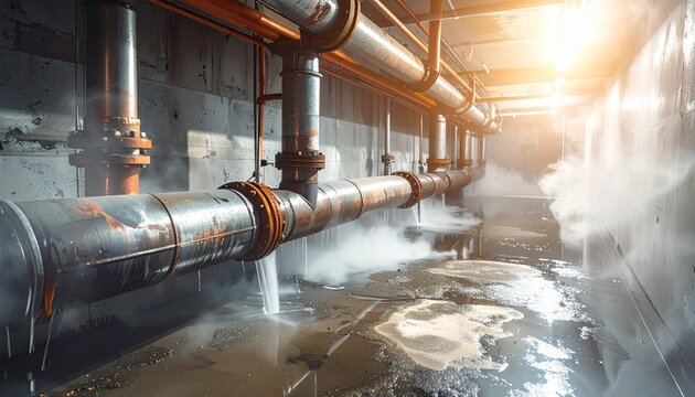 Industrial steam leak from metal pipes in basement utility room with bright lighting, emergency plumbing repair and building maintenance for property management services