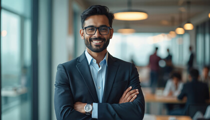 Smiling confident young Indian businessman, wearing glasses, dark suit, stands arms crossed in bright modern office. Professional male executive looks ready for global business success. Happy company