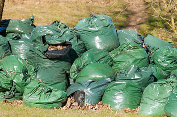 green plastic bags with garbage on the grass after cleaning